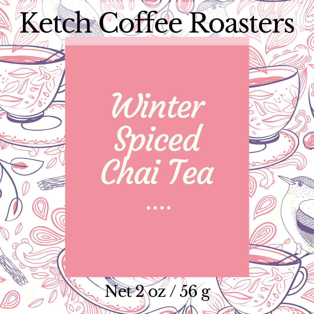 Ketch Coffee Roasters Winter Spiced Chai Tea package with tea cup illustrations on a pink background