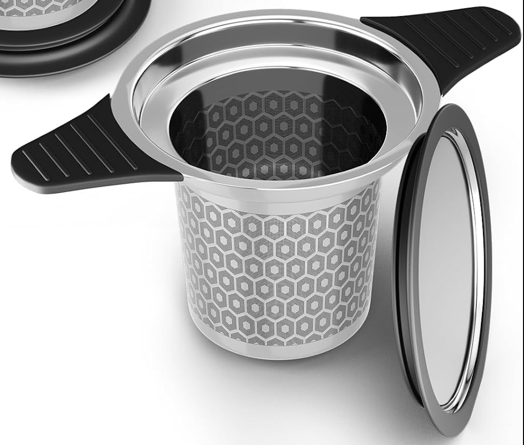 Stainless steel tea infuser or strainer with geometric pattern on a white background