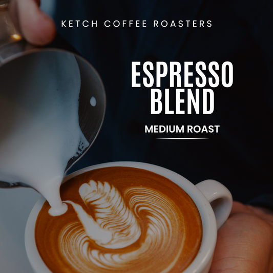 Espresso being poured into a cup with latte art, Ketch Coffee Roasters branding visible.