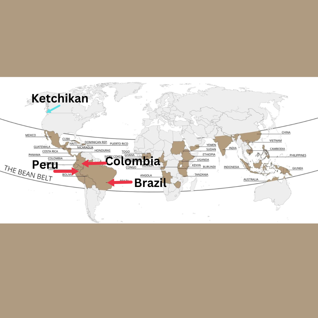 World map highlighting Ketchikan, Peru, Colombia, and Brazil with arrows indicating a journey.