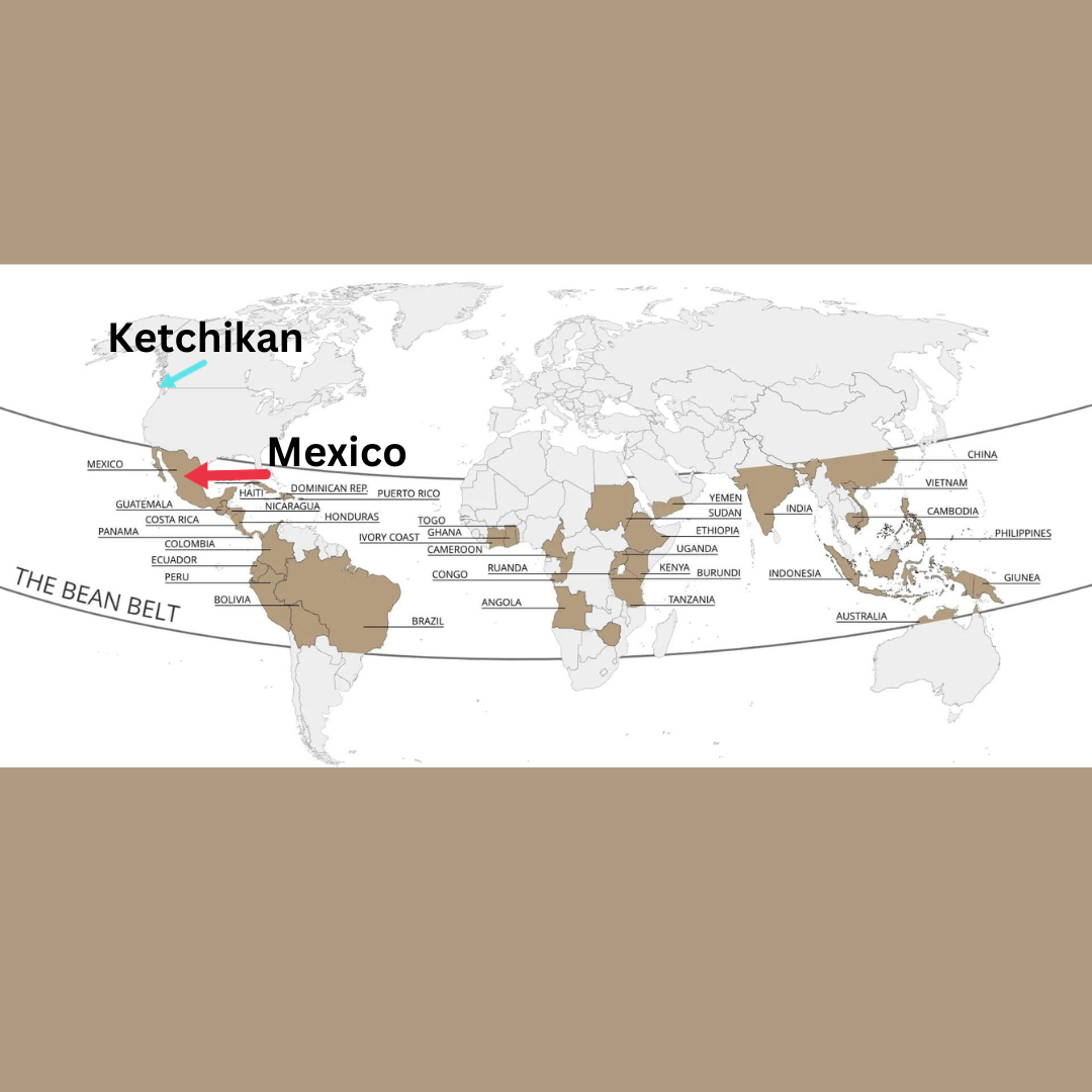 World map highlighting Ketchikan, Alaska, and Mexico with a brown color overlay.