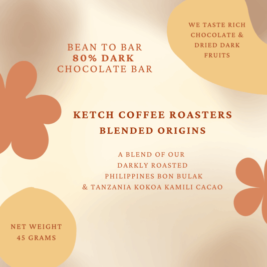 Ketch Coffee Roasters blended origins 80% dark chocolate bar packaging with text and floral designs.