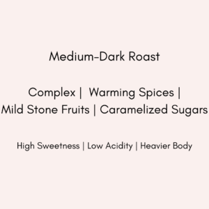 Text description of coffee flavor profile on a white background for medium dark roast.  Complex, warming spices, mild stone fruits, caramelized sugars.