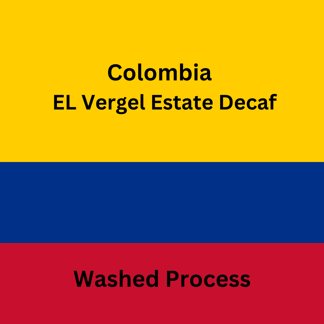 Colombian coffee label with EL Vergel Estate Decaf and washed process text on a yellow, blue, and red striped background.