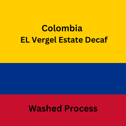 Colombian coffee label with EL Vergel Estate Decaf and washed process text on a yellow, blue, and red striped background.