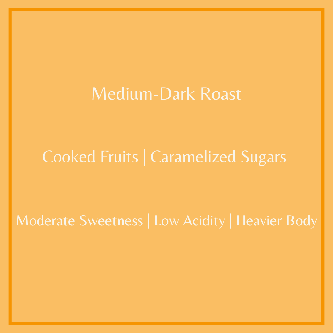Text describing this medium-dark roast decaf with flavor notes of cooked fruits and caramelized sugars
