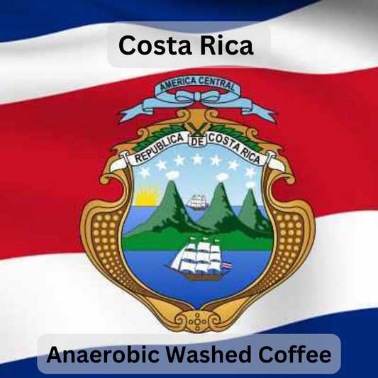 Flag of Costa Rica with a coat of arms and text 'Costa Rica Anaerobic Washed Coffee'.  Ketch Coffee Roasters product image