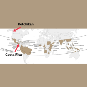 World map highlighting Ketchikan and Costa Rica with arrows on a beige background