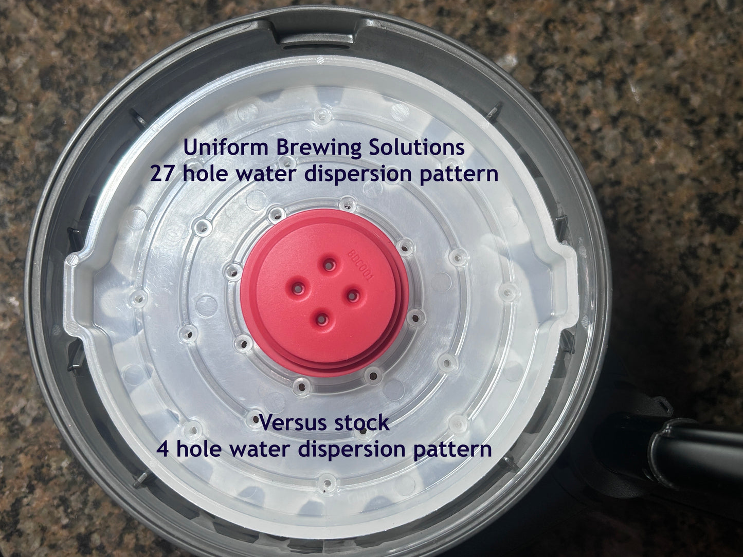 Image contrasting Uniform Brewing Solutions 27 hole pattern versus stock 4 hole pattern 