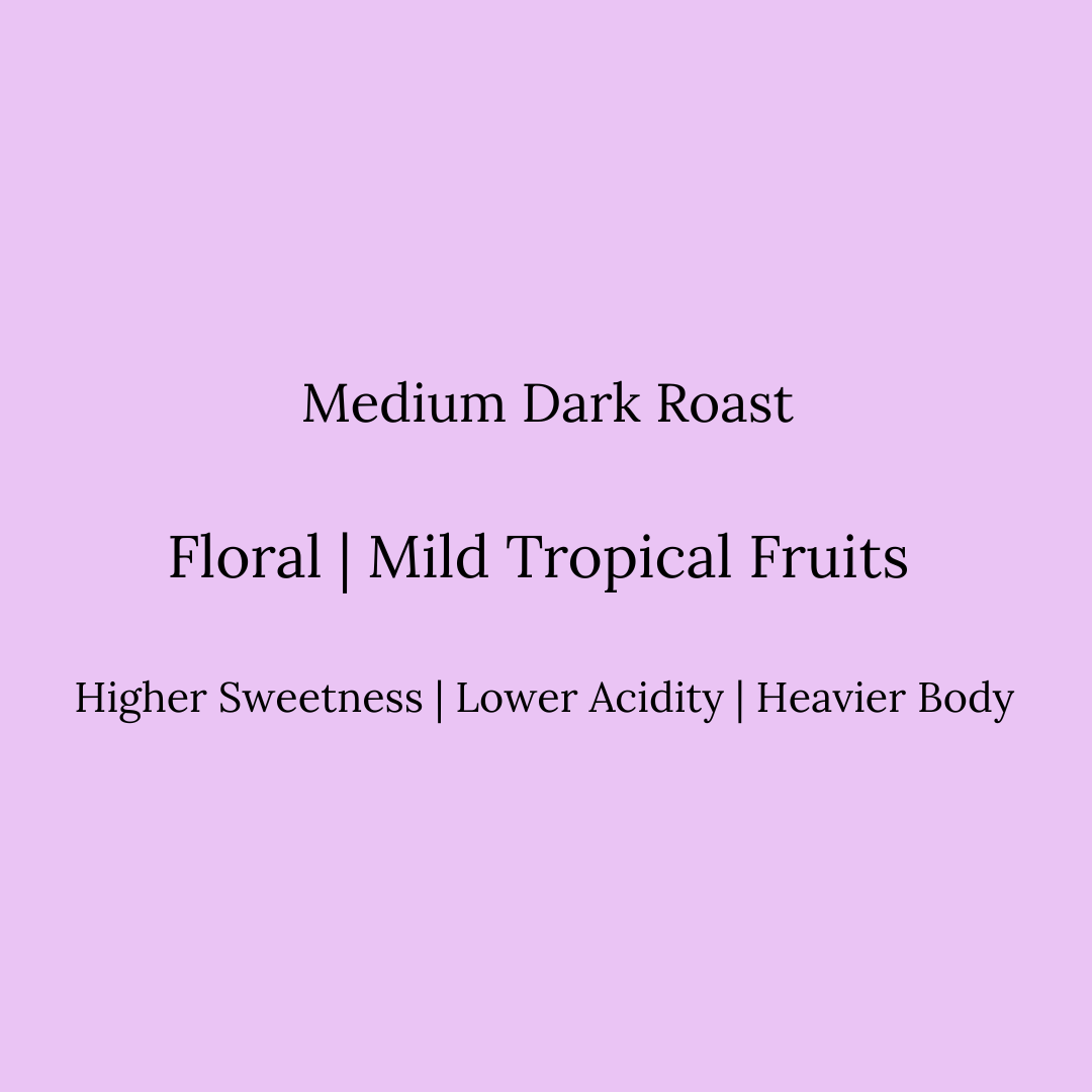Text on a pink background describing medium dark roast coffee with floral and mild tropical fruit notes.