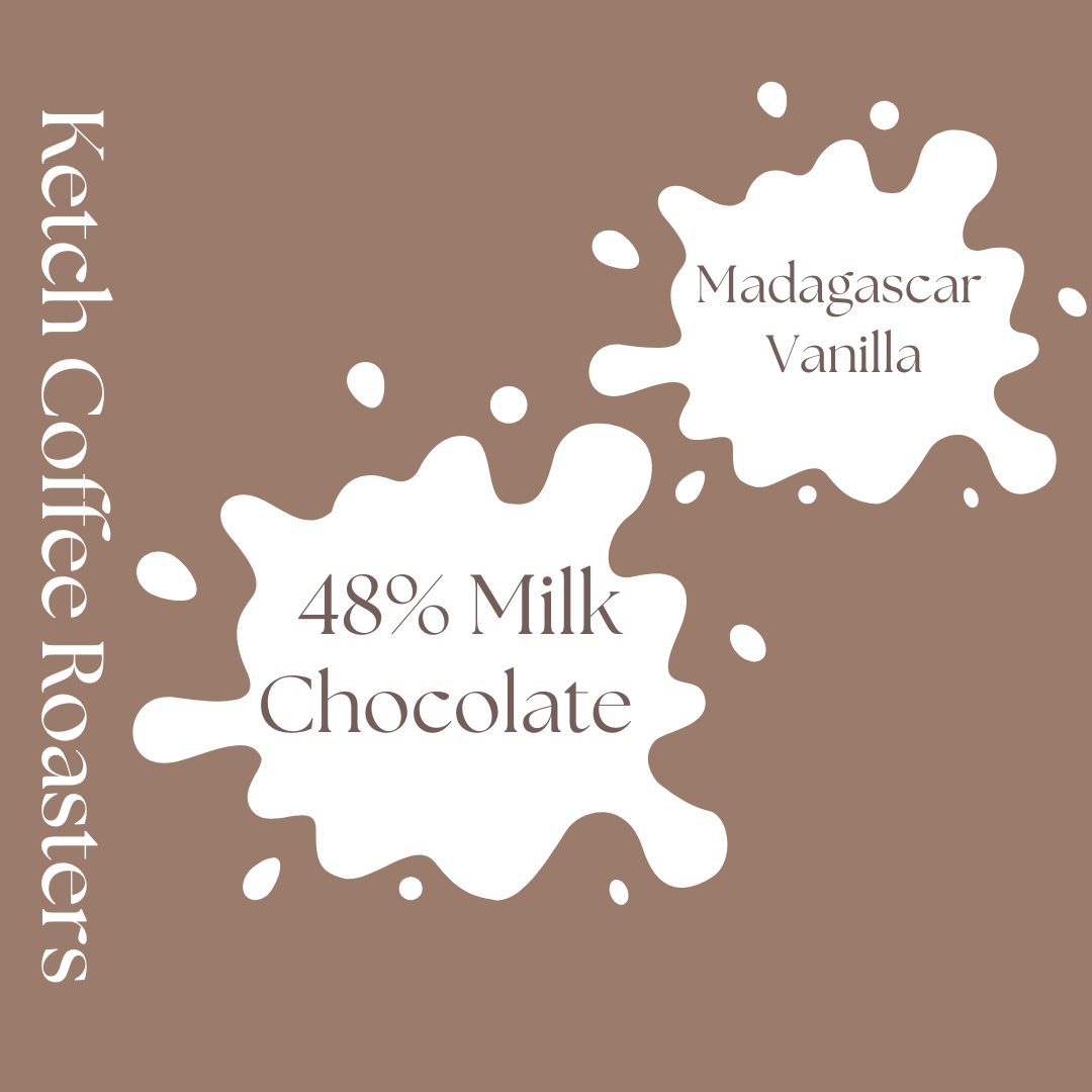 Ketch Coffee Roasters Madagascar Vanilla 48% Milk Chocolate packaging on a brown background