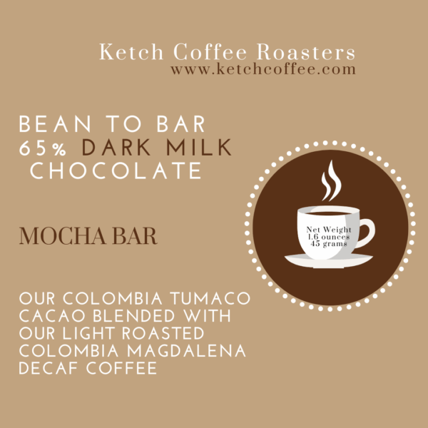 Ketch Coffee Roasters 65% mocha bar packaging with coffee cup illustration and text details.