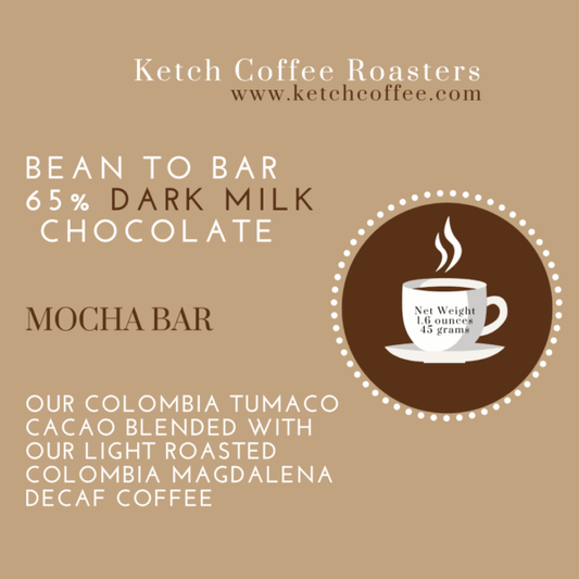 Ketch Coffee Roasters 65% mocha bar packaging with coffee cup illustration and text details.