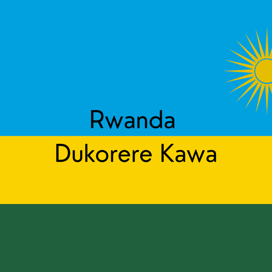 Flag of Rwanda with a blue, yellow, and green horizontal stripe and a sun emblem.  Coffee name Dukorere Kawa.