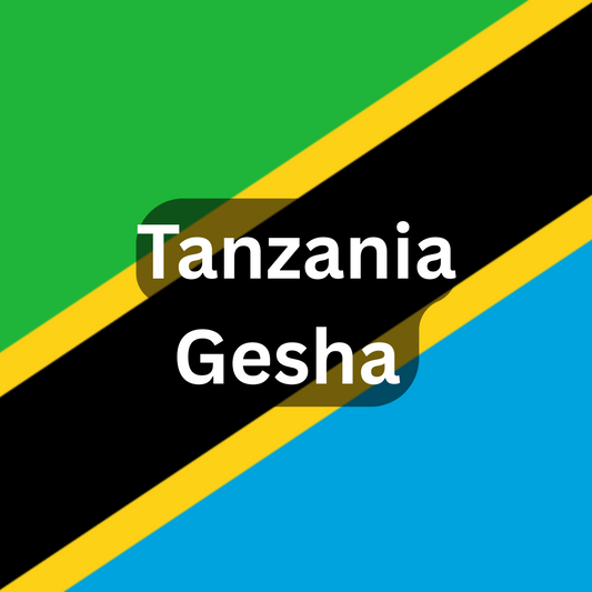 Text 'Tanzania Gesha' on a background with green, black, and yellow stripes.  Ketch Coffee Roasters product image.
