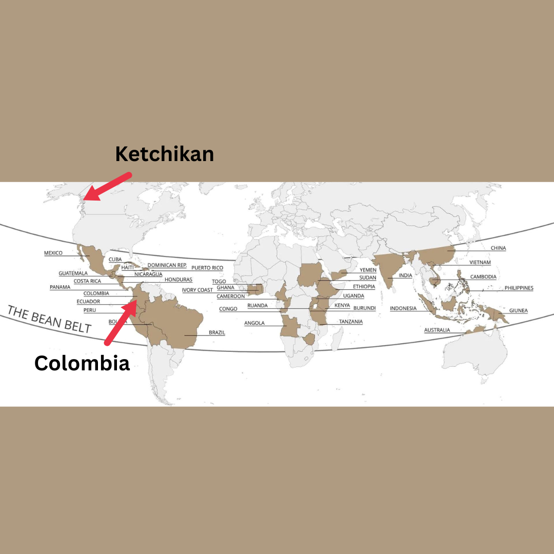 Map highlighting Ketchikan and Colombia with red arrows on a world map.